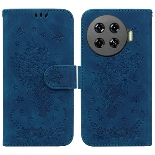 Funda de Cuero para Tecno Spark 20 Pro + 4G con Diseño Butterfly Rose en Relieve (Azul)