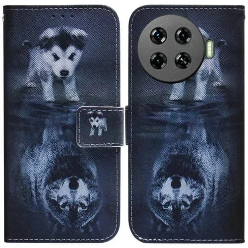 Funda de Cuero para Tecno Spark 20 Pro+ 4G con Tapa y Dibujo Coloreado (Lobo y Perro)