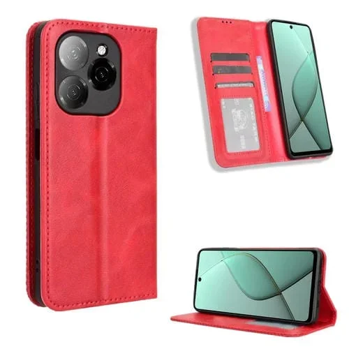 Funda de Cuero para Tecno Spark 20 Pro 5G con Textura Retro y Hebilla Magnética (Rojo)