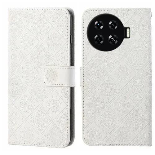 Funda de Cuero para Tecno Spark 20 Pro+ con Patrón Étnico en Relieve (Blanca)