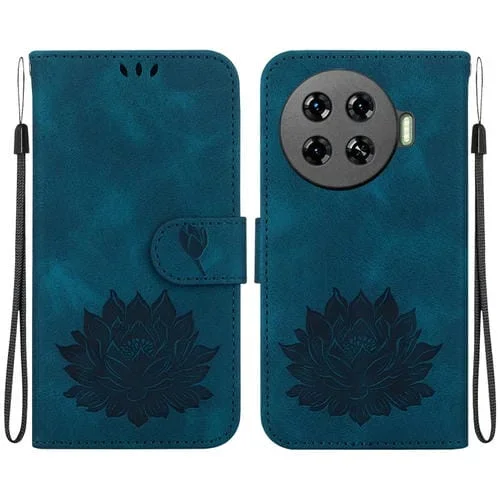 Funda de Cuero para Tecno Spark 20 Pro+ con Relieve de Loto (Azul Oscuro)