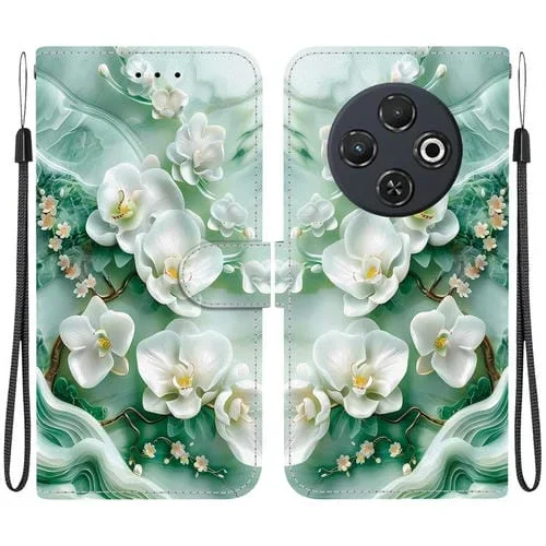 Funda de Cuero para Tecno Spark 30C con Dibujo de Colores y Textura de Cristal (Flores de Jade)