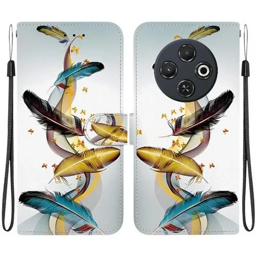 Funda de Cuero para Tecno Spark 30C con Dibujo de Colores y Textura de Cristal (Plumas de Mariposa Doradas)