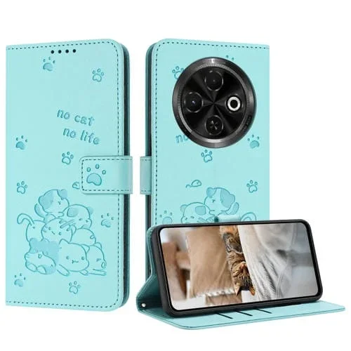 Funda de Cuero para Tecno Spark 30C con Diseño de Gatito en Relieve y Cordón (Verde Menta)