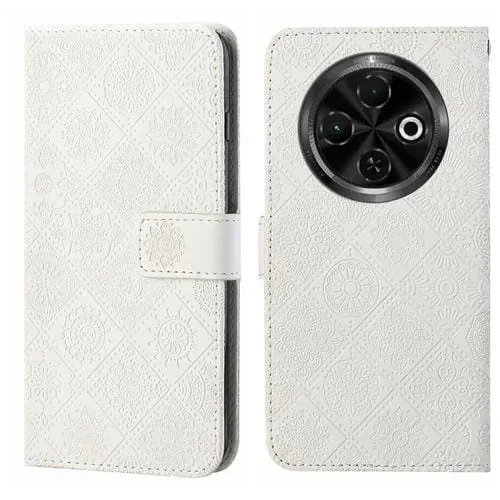 Funda de Cuero para Tecno Spark 30C con Patrón En Relieve Estilo Étnico (Blanco)