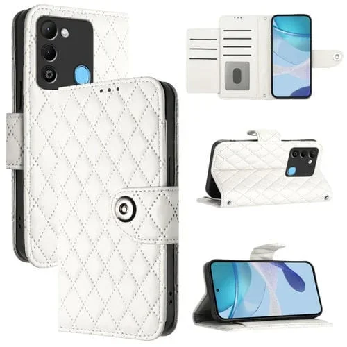 Funda de Cuero para Tecno Spark 9 con Tapa Textura Rombal y Cordón (Blanco)