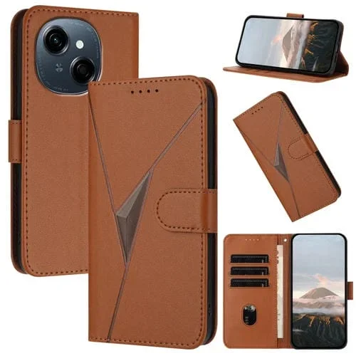 Funda de Cuero para Tecno Spark Go 2025 con Cierre de Hebilla y Diseño Triangular (Marrón)