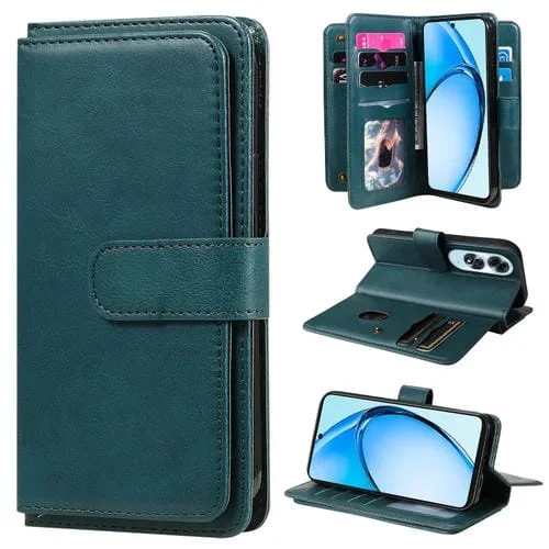 Funda de Cuero para Teléfono con 10 Ranuras para Tarjetas y Billetera Multifunción para Oppo A60 4G (Verde Oscuro)