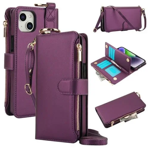 Funda de Cuero para Teléfono con Billetera Multifuncional con Anillo Cruzado para iPhone 14 (Morado Oscuro)