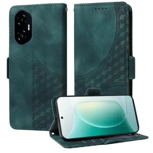 Funda de Cuero para Teléfono For Honor 300 con Rombos y Estrellas en Relieve (Verde)