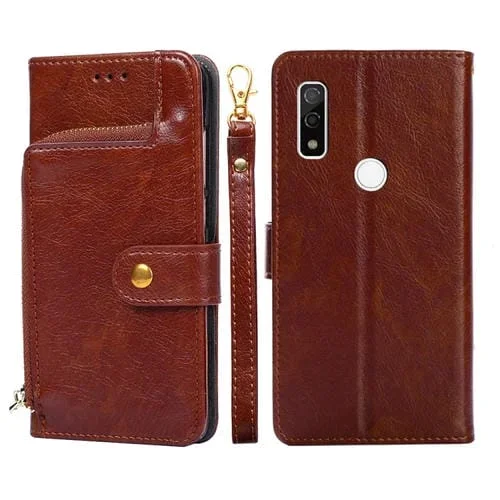 Funda de Cuero para Teléfono Fujitsu We/F-51B con Cremallera (Marrón)