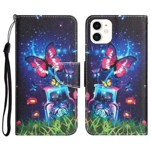 Funda de Cuero para Teléfono iPhone 12 Mini con Dibujo a Color (Mariposa de Botella)