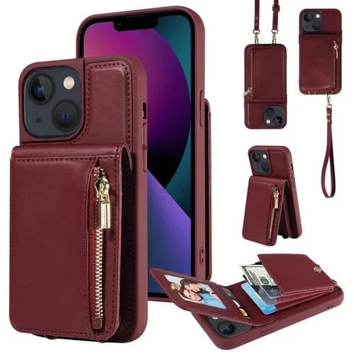 Funda de Cuero para Teléfono iPhone 13 Crossbody Lanyard Zipper Wallet (Rojo Vino)