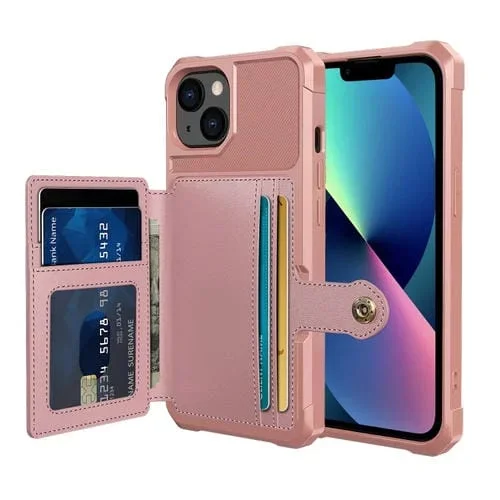 Funda de Cuero para Teléfono iPhone 14 Billetera Magnética (Oro Rosa)