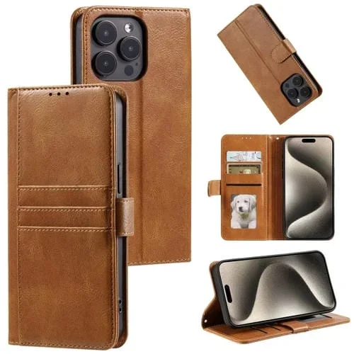 Funda de Cuero para Teléfono iPhone 14 Pro con Billetera para 6 Tarjetas (Marrón)
