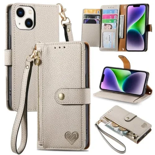 Funda de Cuero para Teléfono iPhone 15 Love Zipper Lanyard (Gris)