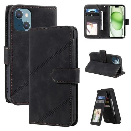 Funda de Cuero para Teléfono iPhone 15 Skin Feel con Billetera y Múltiples Tarjetas (Negro)