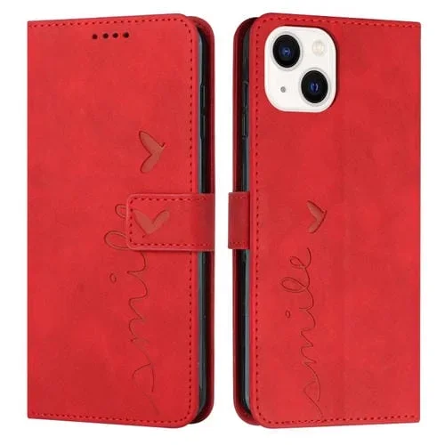 Funda de Cuero para Teléfono iPhone 15 Skin Feel Heart Pattern (Rojo)