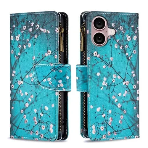 Funda de Cuero para Teléfono iPhone 16 con Cremallera y Patrón Flor de Ciruelo