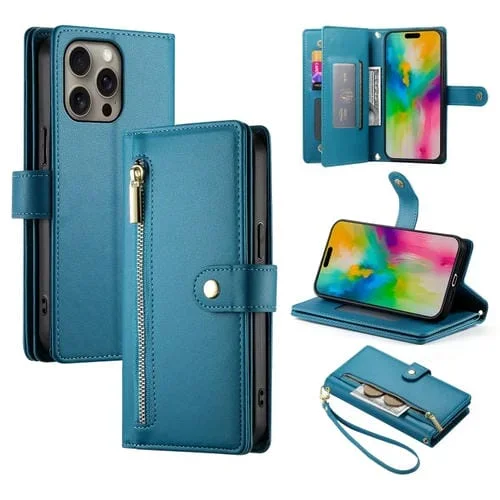 Funda de Cuero para Teléfono iPhone 16 Pro Max con 9 Ranuras para Tarjetas y Cremallera (Azul)