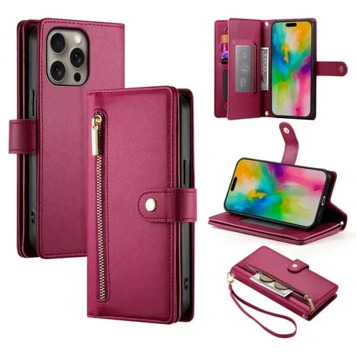 Funda de Cuero para Teléfono iPhone 16 Pro Max con 9 Ranuras para Tarjetas y Cremallera (Rojo)