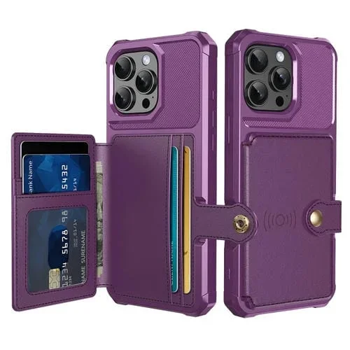 Funda de Cuero para Teléfono iPhone 16 Pro Max con Tarjetero y Billetera Magnética (Morado)
