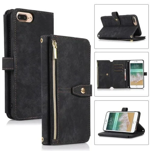 Funda de Cuero para Teléfono iPhone 7 Plus 8 Plus Dream 9-Card Wallet Zipper Bag (Negro)