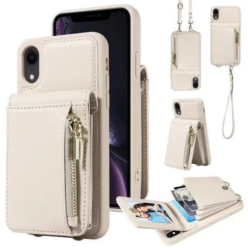 Funda de Cuero para Teléfono iPhone Xr Crossbody Lanyard Zipper Wallet (Beige)