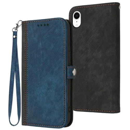 Funda de Cuero para Teléfono iPhone Xr Hebilla Lateral Doble Pliegue Correa de Mano (Azul Real)