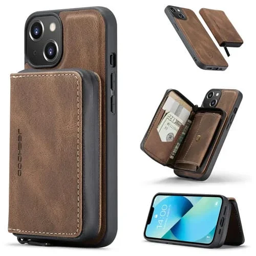 Funda de Cuero para Teléfono Jeehood iPhone 15 Plus con Billetera y Cremallera Magnética (Marrón)