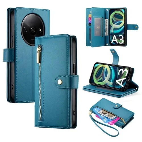 Funda de Cuero para Teléfono Redmi A3 con Nueve Ranuras para Tarjetas y Cremallera (Azul)
