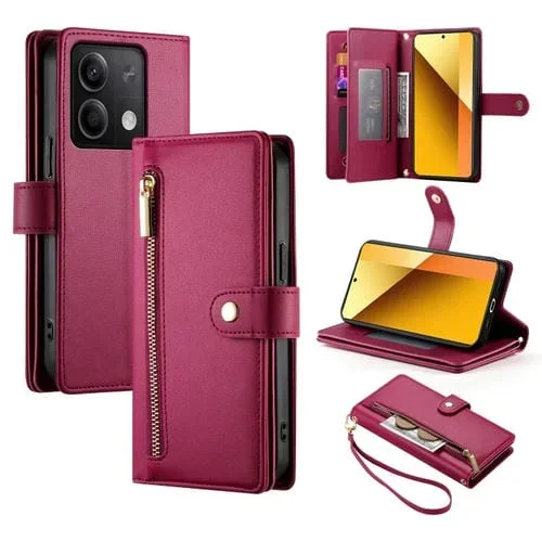 Funda de Cuero para Teléfono Redmi Note 13 5G con Nueve Ranuras para Tarjetas y Cremallera (Rojo)