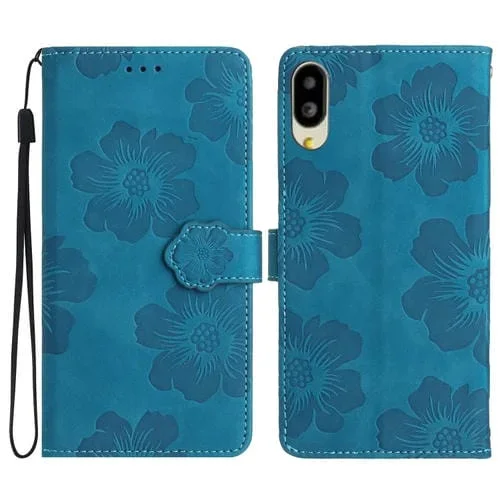Funda de Cuero para Teléfono Sharp Basio Active SHG09 con Estampado de Flores (Azul)