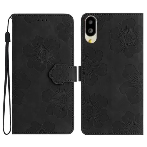 Funda de Cuero para Teléfono Sharp Basio Active Shg09 con Estampado de Flores (Negra)