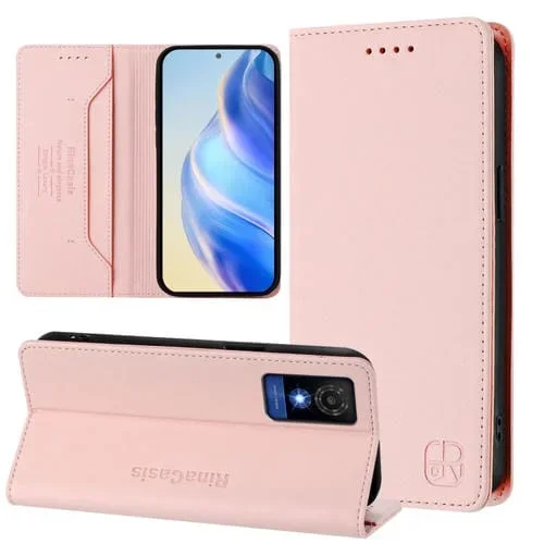 Funda de Cuero para Teléfono TCL 501 Rc01 con Doble Pliegue y Succión Magnética Rfid (Rosa)