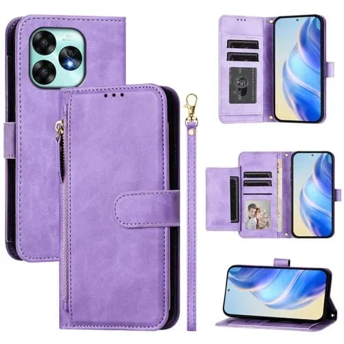 Funda de Cuero para Umidigi A15 A15C A15T con Cremallera y Ranuras para Tarjetas (Morado)