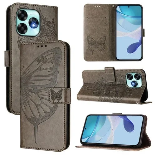 Funda de Cuero para Umidigi A15/A15C/A15T con Diseño de Mariposa En Relieve (Gris)