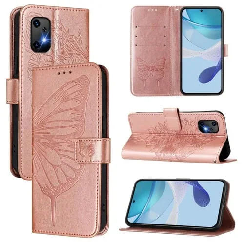 Funda de Cuero para Umidigi Bison X20 con Diseño de Mariposa En Relieve (Oro Rosa)