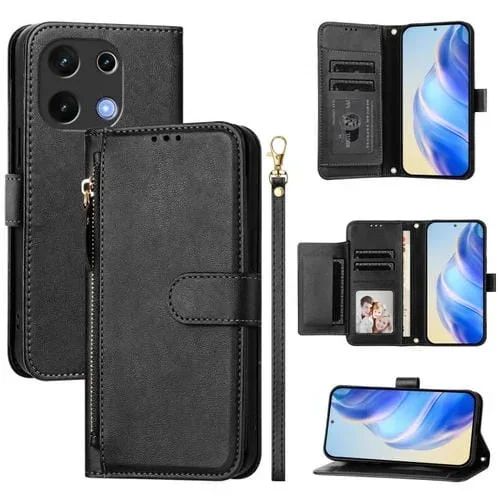 Funda de Cuero para Umidigi Note 100 con Cremallera y Ranuras para Tarjetas (Negra)