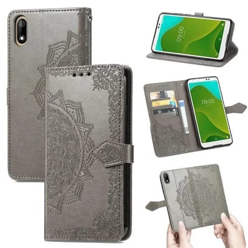 Funda de Cuero para Wiko Jerry 4 Mandala Flower Horizontal con Titular, Tragamonedas para 3 Tarjetas, Billetera y Cordón (Gris)