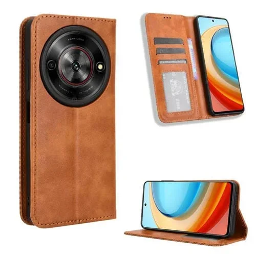 Funda de Cuero para ZTE Blade A75 5G con Textura Retro y Hebilla Magnética (Marrón)