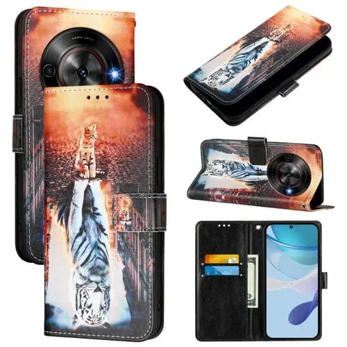 Funda de Cuero para ZTE Blade A75 5G Nubia Focus con Diseño de Gatos y Tigres
