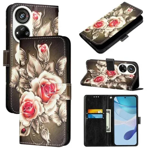 Funda de Cuero para ZTE Blade V40S con Diseño de Dibujos Rosas Sobre Negro