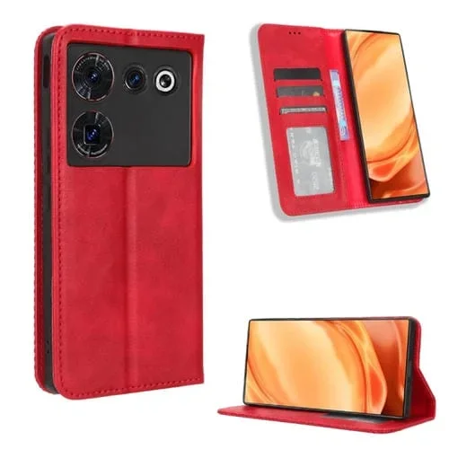 Funda de Cuero para ZTE Nubia Z50 con Hebilla Ultra Magnética y Textura Retro (Rojo)