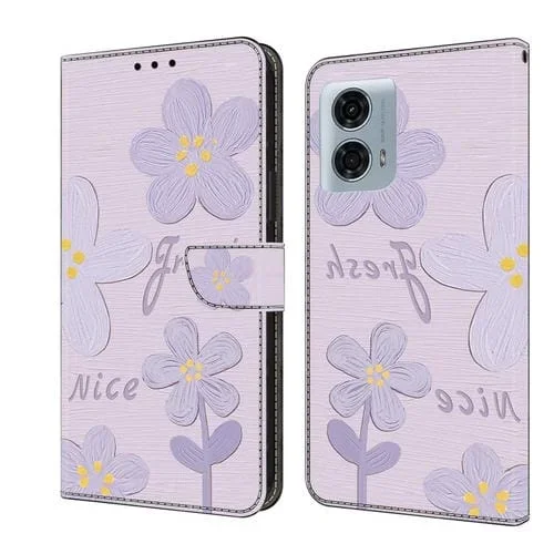 Funda de Cuero Pintada a Mano para Motorola Moto G24 Power (Flores Morado Oscuro)