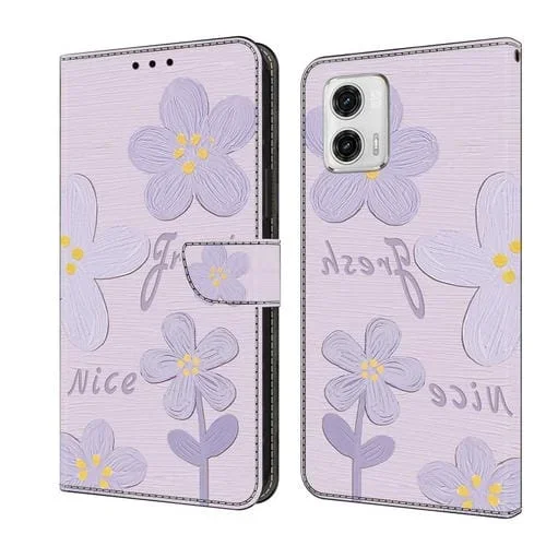 Funda de Cuero Pintada a Mano para Motorola Moto G73 con Flores (Morado Oscuro)