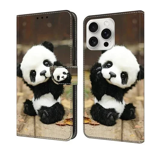 Funda de Cuero Pintada con Cristales para iPhone 16 Pro Max (Panda)