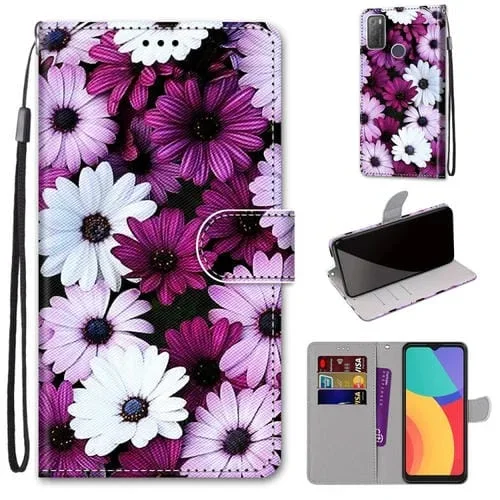 Funda de Cuero PU Cross Horizontal para Alcatel 3L 2021 con Soporte, Ranuras y Cordón (Chrysanthemum Pink Blanco Purple)