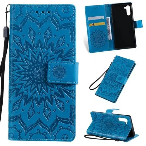 Funda de Cuero Pu Galaxy Note 10 con Tapa Horizontal Estampado Girasol Soporte Ranuras Tarjetas Billetera Cordón (Azul)