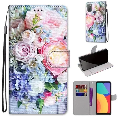 Funda de Cuero PU para Alcatel 3L 2021 con Soporte, Billetera, Tragamonedas y Cordón (Rosa Claro)